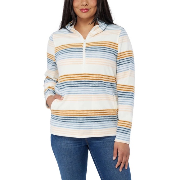 O'Neill Half Zip Soft Brushed Fleece‎ Front Pockets Polar Hoodie Cream striped - Picture 1 of 10